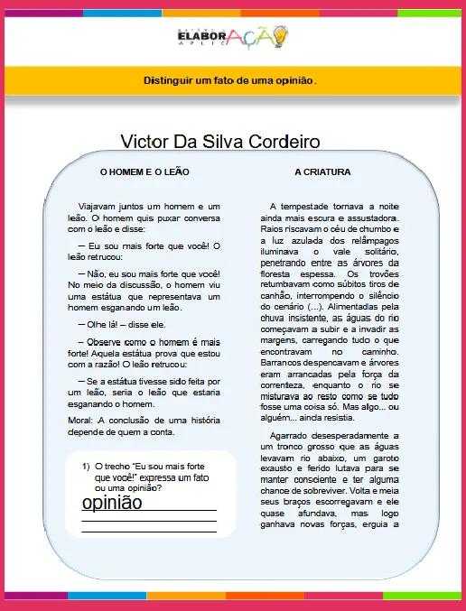 Atividade • Distinguir Fato de Opinião III -7º ano (gabarito)