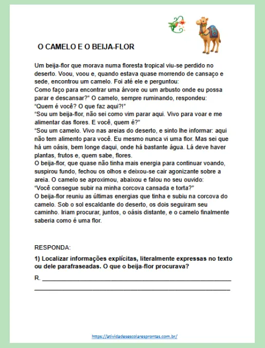 Atividade - Interpretações de Textos 7° ano (gabarito)
