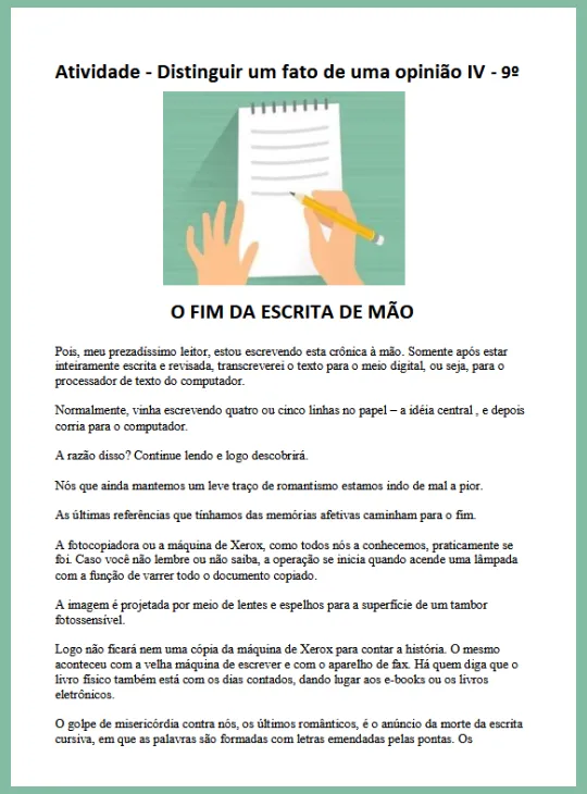 Atividade Distinguir fato de opinião IV 9º ano