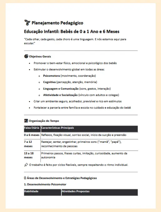 Planejamento Pedagógico - Atividades de 0 a 1 ano e 6 meses