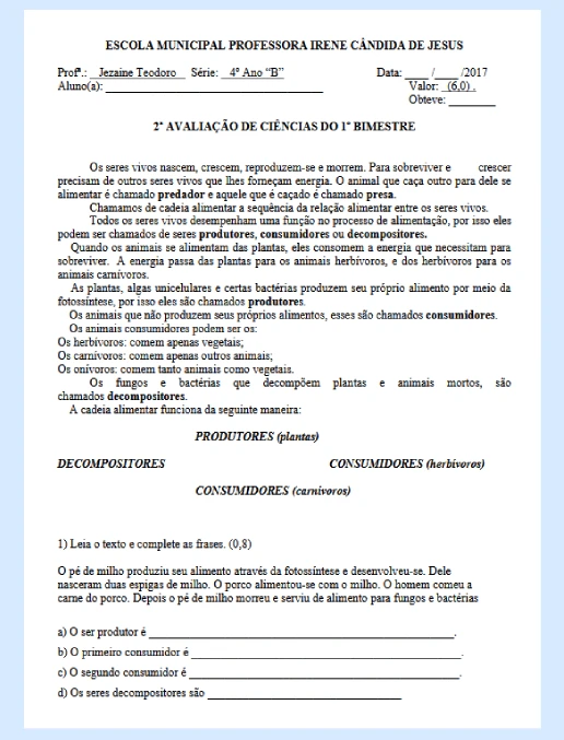 2ª Avaliação de Ciências – 4º Ano (1º bimestre)