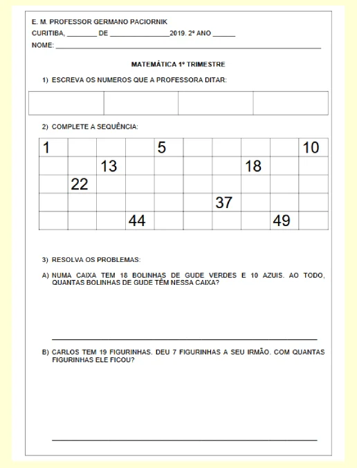 Atividade • Matemática - Português - História e Geografia - 2º ano