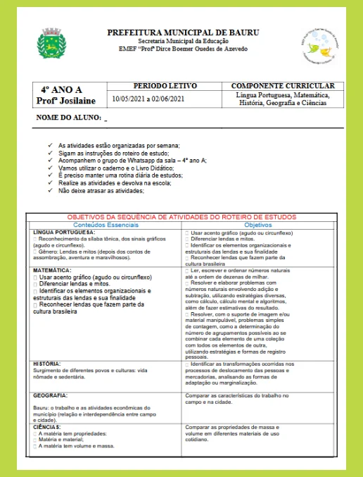 Sequência de Atividades - 4º ano EF