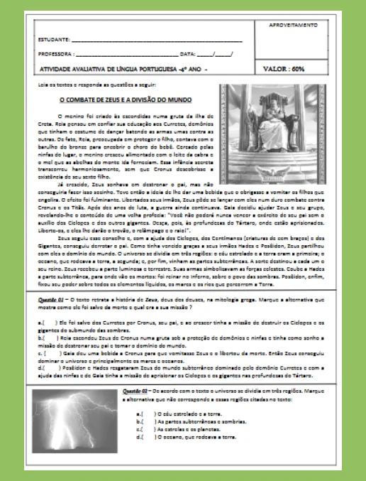 Atividades Texto • Avaliativo de Português - 4º ano EF
