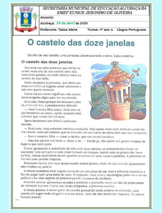 Texto - O castelo das doze janelas  4º Ano Fundamental