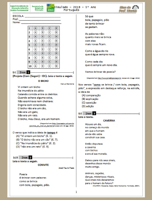 Simulado Português – 5º Ano Fundamental