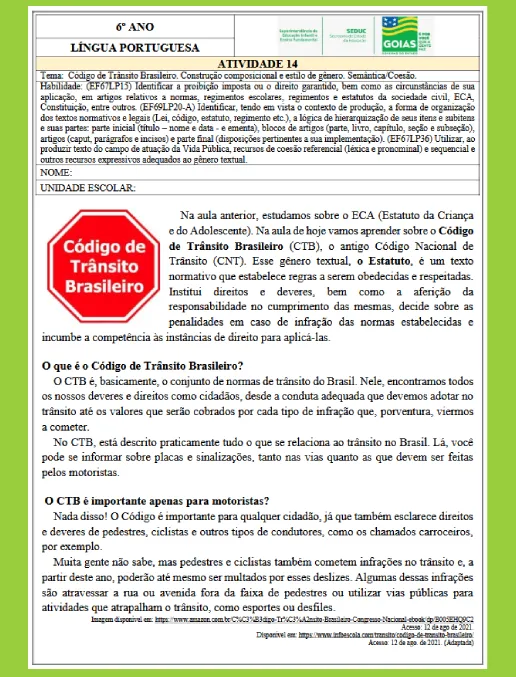 Código de Trânsito Brasileiro - 6º ano (gabarito)