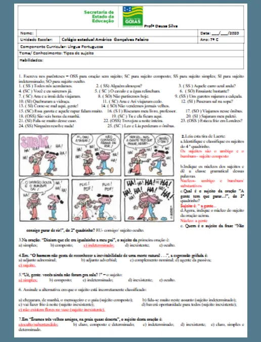 Atividade • Tipos de Sujeito Língua Portuguesa 7º ano (gabarito)