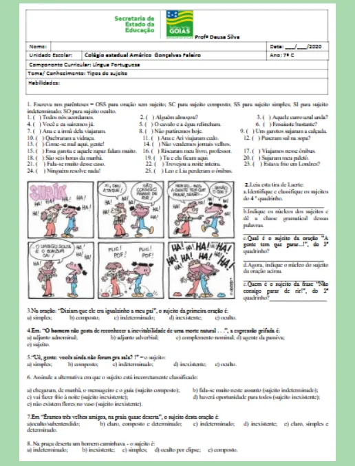 Atividade • Tipos de Sujeitos - Língua Portuguesa 7º ano