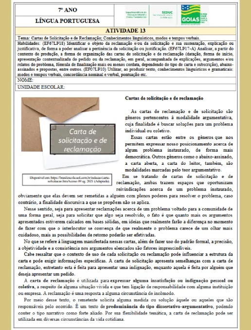 Atividade • Cartas de Solicitação e de Reclamação - LP 7º ano (gabarito)