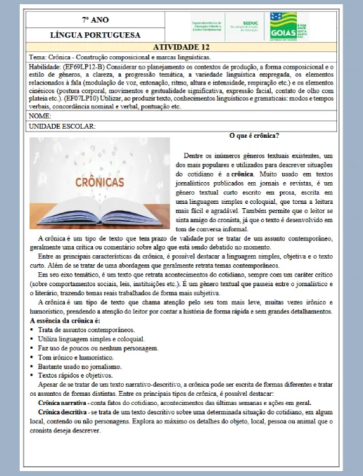 Atividade • Crônica - Construção Composicional e Marcas Linguísticas LP 7º ano (gabarito)