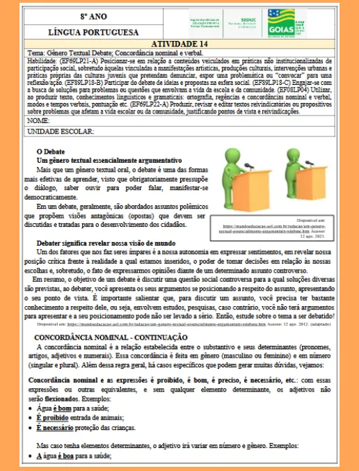 Atividade • Gênero Textual Debate - Concordância Nominal e Verbal 8º ano (gabarito)