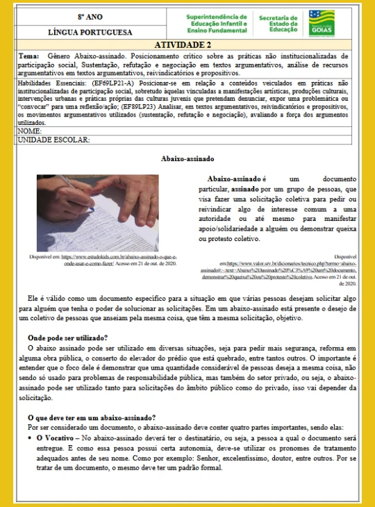 Gênero Abaixo-assinado -Posicionamento critico - Analise de recursos argumentativos  8º ano