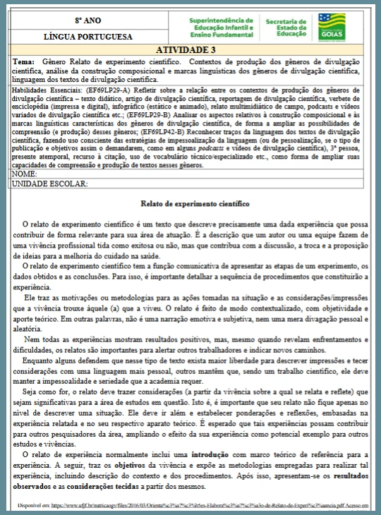 Gênero Relato de experimento científico 8o ano.