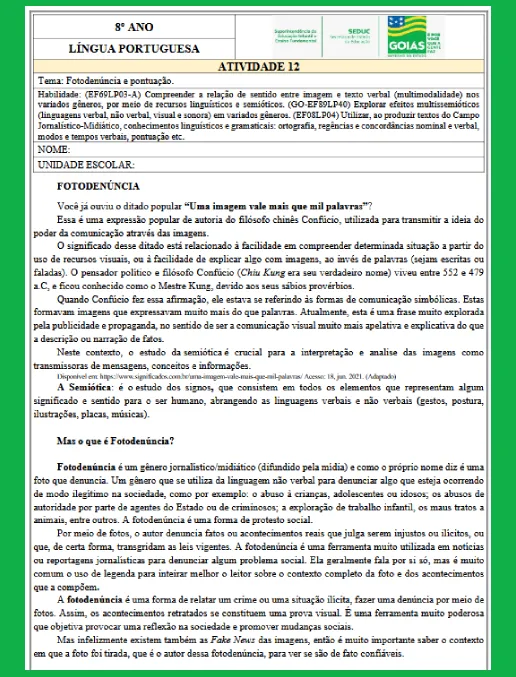 Atividade • Fotodenúncia e Pontuação Língua Portuguesa 8º ano (gabarito)
