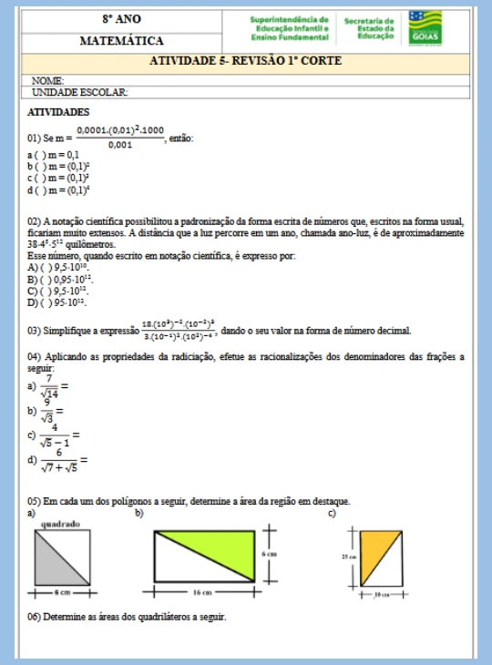 Atividade - Matemática 8º ano