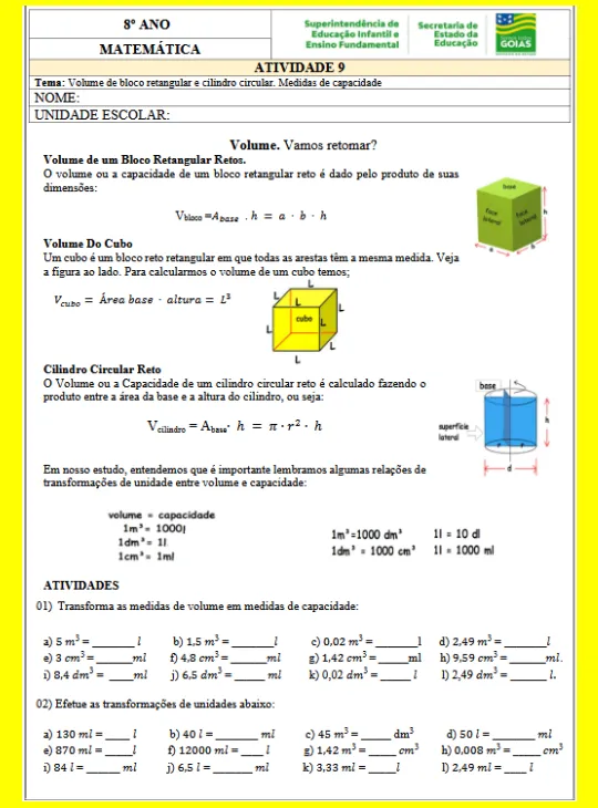 Atividade • Medidas de capacidade - Matemática 8º ano