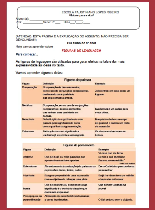 Atividade • Figuras de Linguagem - Língua Portuguesa 9º ano