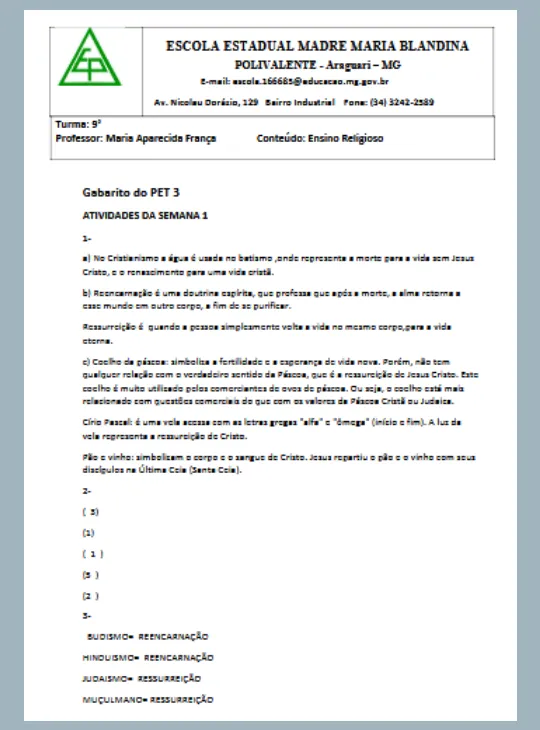 Atividade - Ensino Religioso 9º ano (gabarito)