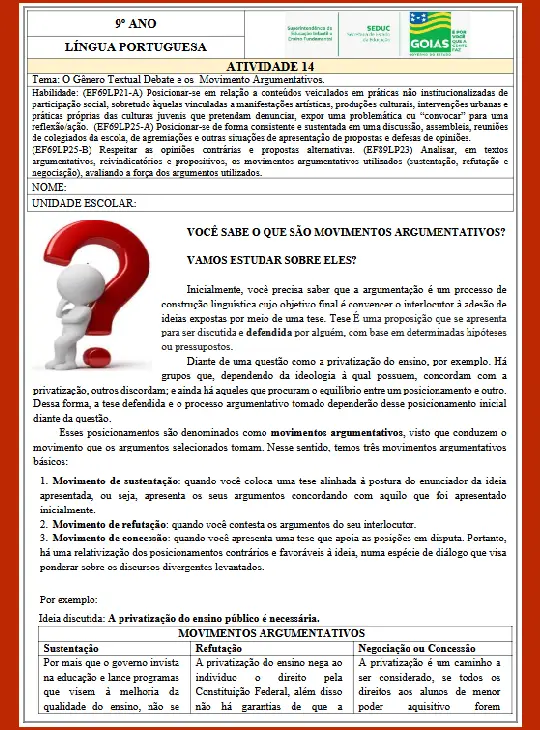 O Gênero Textual - Debate e os Movimento Argumentativos 9º ano