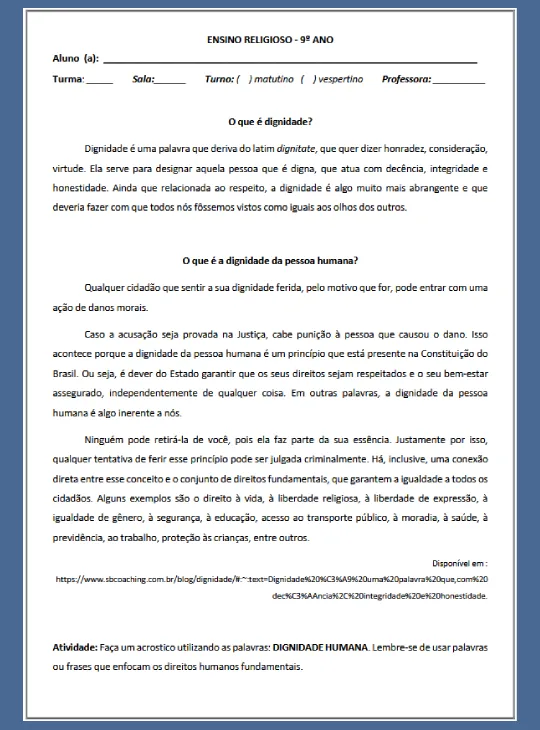 Ensino Religioso • A Dignidade - Vida além da morte - 9º ano