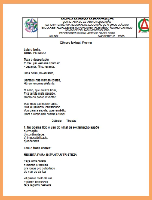 Atividade - Gênero Textual Poema - LP 6º ano