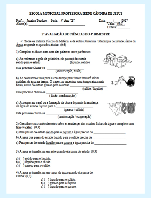 
2ª Avaliação de Ciências - 4º Ano (4º bimestre)