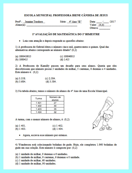 Avaliação - Matemática 4º ano EF - bimestre 1º