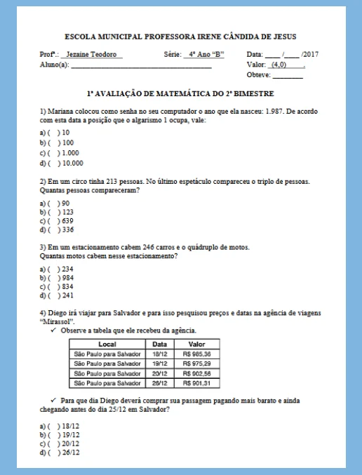 Avaliação – Matemática 4º ano EF – bimestre 2º