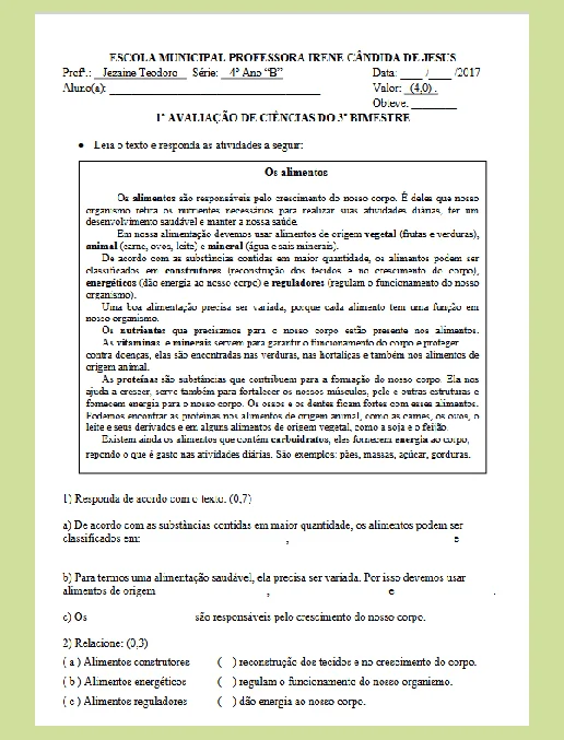 Avaliação – Ciências 4º ano - bimestre 3º 