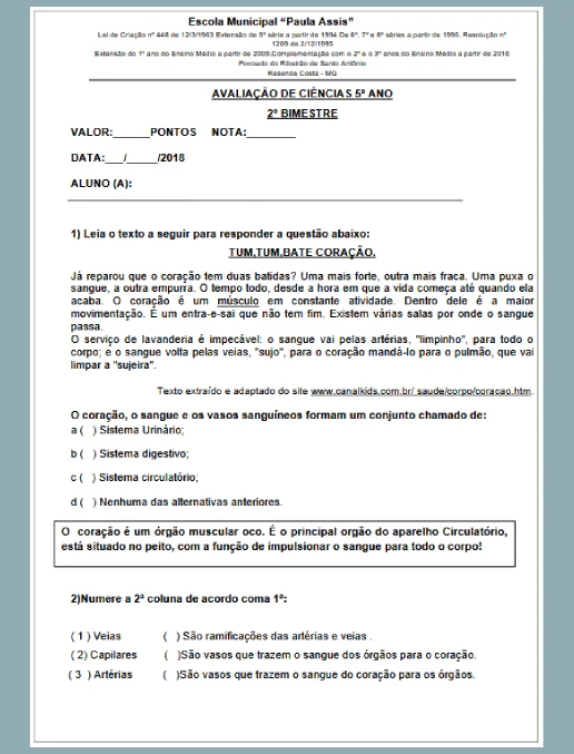 Avaliação – Ciências 5º ano – bimestre 2º