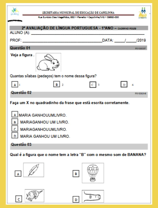 Avaliação Diagnóstica • Língua Portuguesa - 1º ano
