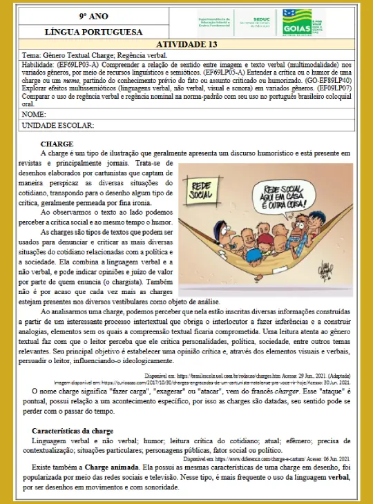 Atividade LP 9º ano - Gênero Textual Charge - Regência verbal 