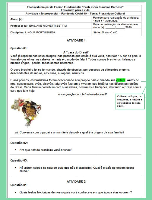 Atividade - Língua Portuguesa 5º ano - A cara do Brasil