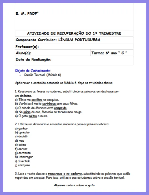 Atividade Recuperação - Língua Portuguesa 6º ano 