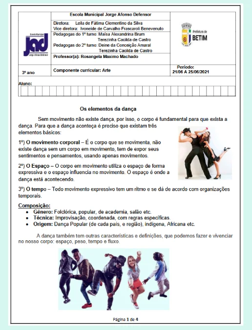 Atividade Arte • Elementos da Dança - 3º ano