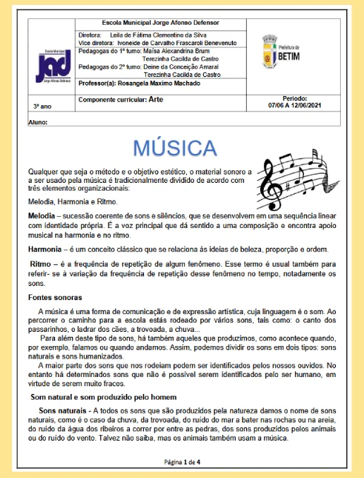 Atividade Arte • Música - Teoria Musical 3º ano