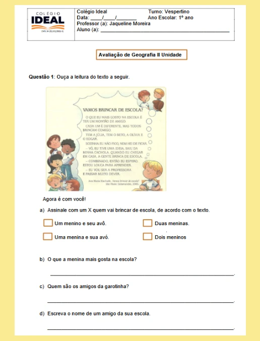 Avaliação de Geografia 1º ano - Unidade II