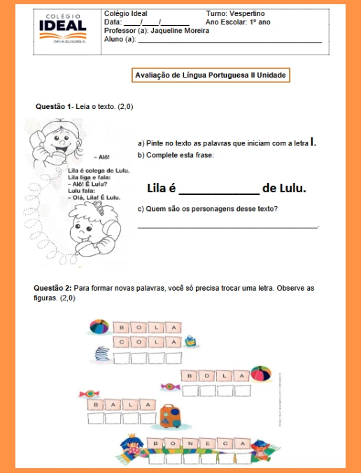 Avaliação • Língua Portuguesa 1º ano - Unidade II