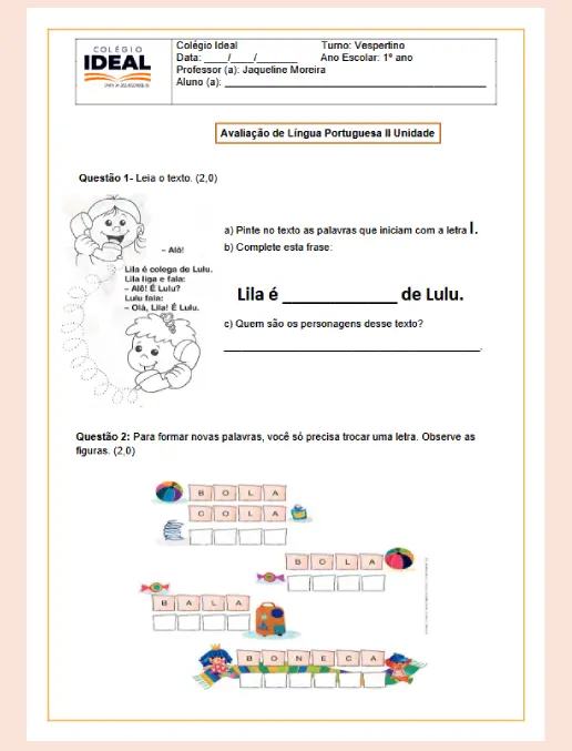 Avaliação de Língua Portuguesa 1º ano - Unidade II