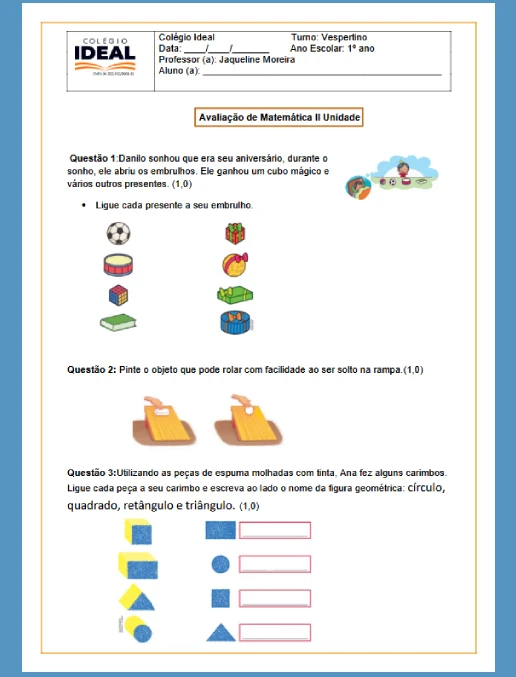 Avaliação – Matemática 1º ano EF
