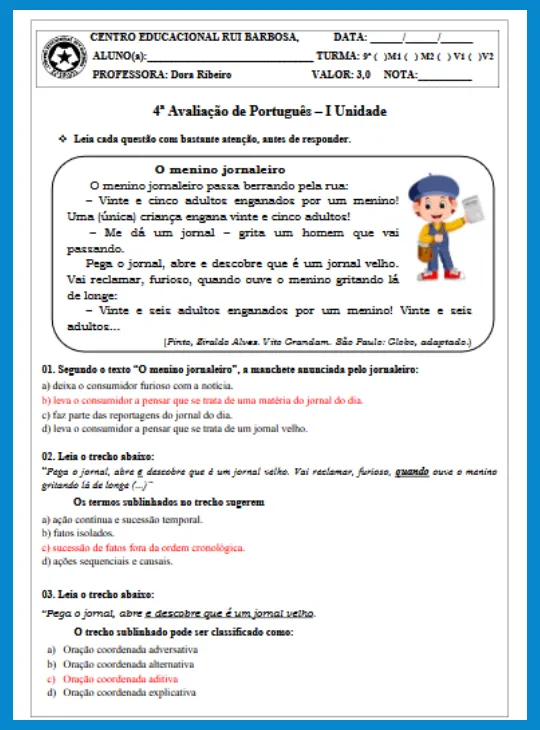 Avaliação de Português I - 9º ano (gabarito)