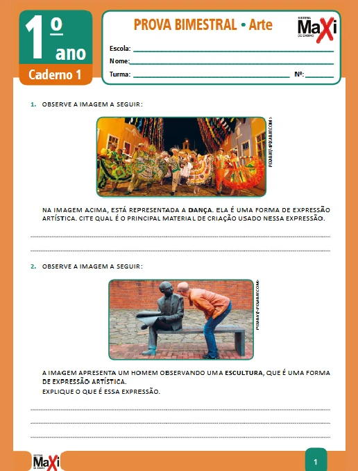 Prova • Arte - 1º ano caderno 1 - Ens Fund 1