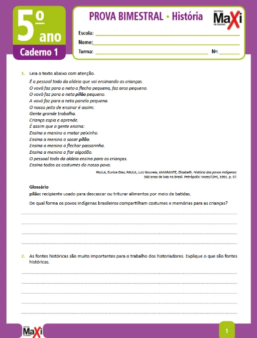 Prova • História – 5º ano caderno 1 – Ens Fund 1