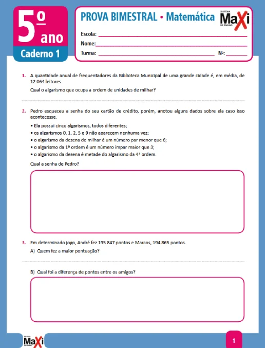 Prova • Matemática – 5º ano caderno 1 – Ens Fund 1