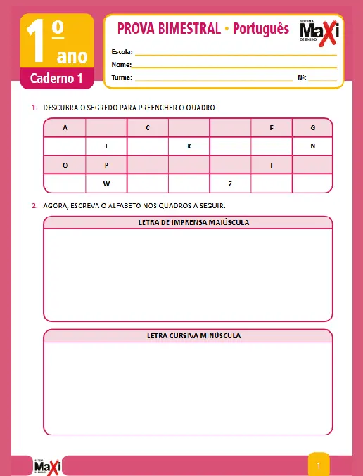 Prova • L. Portuguesa 1º  Ens Fundamental (ano caderno 1)