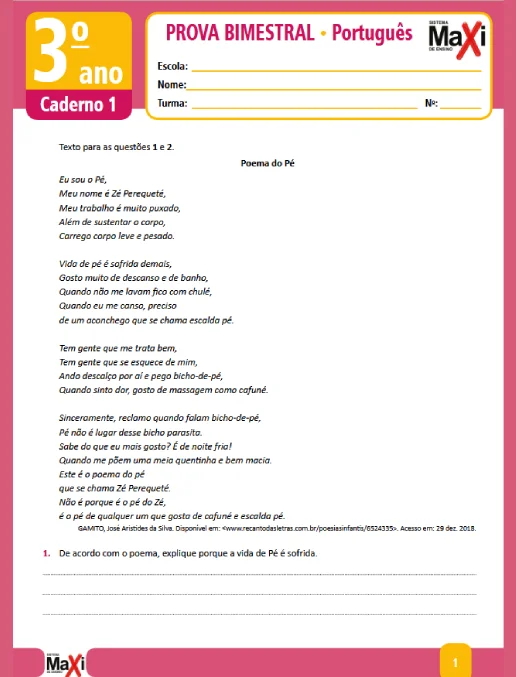 Prova • Português – 3º ano caderno 1 - Ens Fund 1