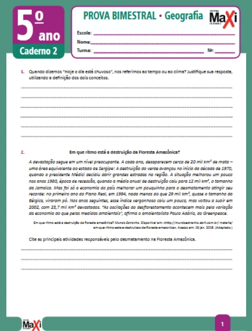 Prova • Geografia – 5º ano caderno 2 – Ens Fund 1