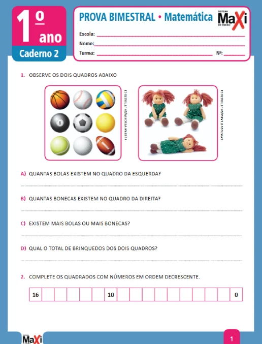 Prova • Matemática – 1º ano caderno 2 – Ens Fund 1