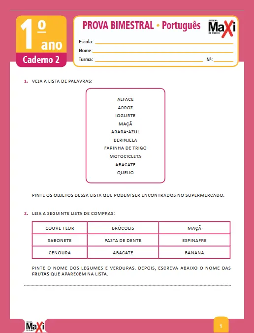 Prova • L. Portuguesa 1º Ano Ens. Fundamental (caderno 2)